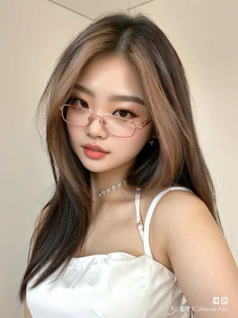 a close up of a woman With glasses on wearing a white dress, With glasses, With glasses cuadradas, ulzzang, korean girl, wearing square glasses, jaeyeon nam, Beautiful young Korean woman, thick glasses, jennie pink black, beautiful south korean woman, In square frame glasses, heonhwa choe, with long hair, With glasses on