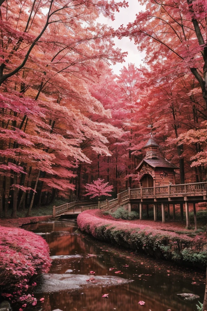 fairy tale background, with red colors, pink and brown, cottagocore aesthetic, vibes stories and princesses