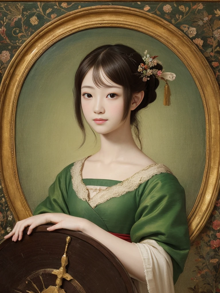 Renaissance painting, Japanese beautiful girl, Small eyes, Single-lidded eyes