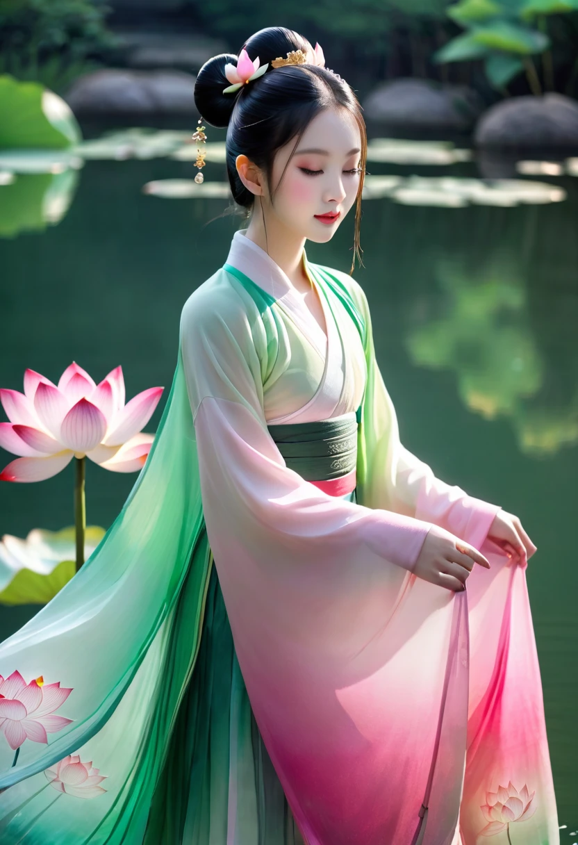 夏日Lotus仙子，Lotus，Chiffon Hanfu，Pink Green Gradient Skirt，Water spirit skin，Skin details，Lotus上的水滴,Double bun head，Little Girl，Ancient costume beauty，头饰是Lotus，dream，Shiny，Front view，Keep your eyes wide open