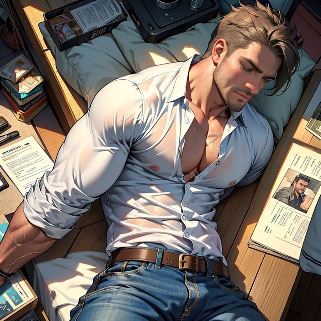 32k ,Award-winning original photos, STEPHEN AMELL,  muscular man, (40 years old daddy:1.1), detailed face , detailed fingers,  detailed muscles, hunk, hot, big shoulders, musculature, jeans, (unbuttoned white wet shirt), chest showing, sweaty, steamy environment, ((drunk, tired expression)), goodnight, (laying and sleeping on a bed), from above, Cinematic lighting, Masterpiece, RAW photo, Intricate details, hdr, (Best quality, A high resolution, Photorealistic),