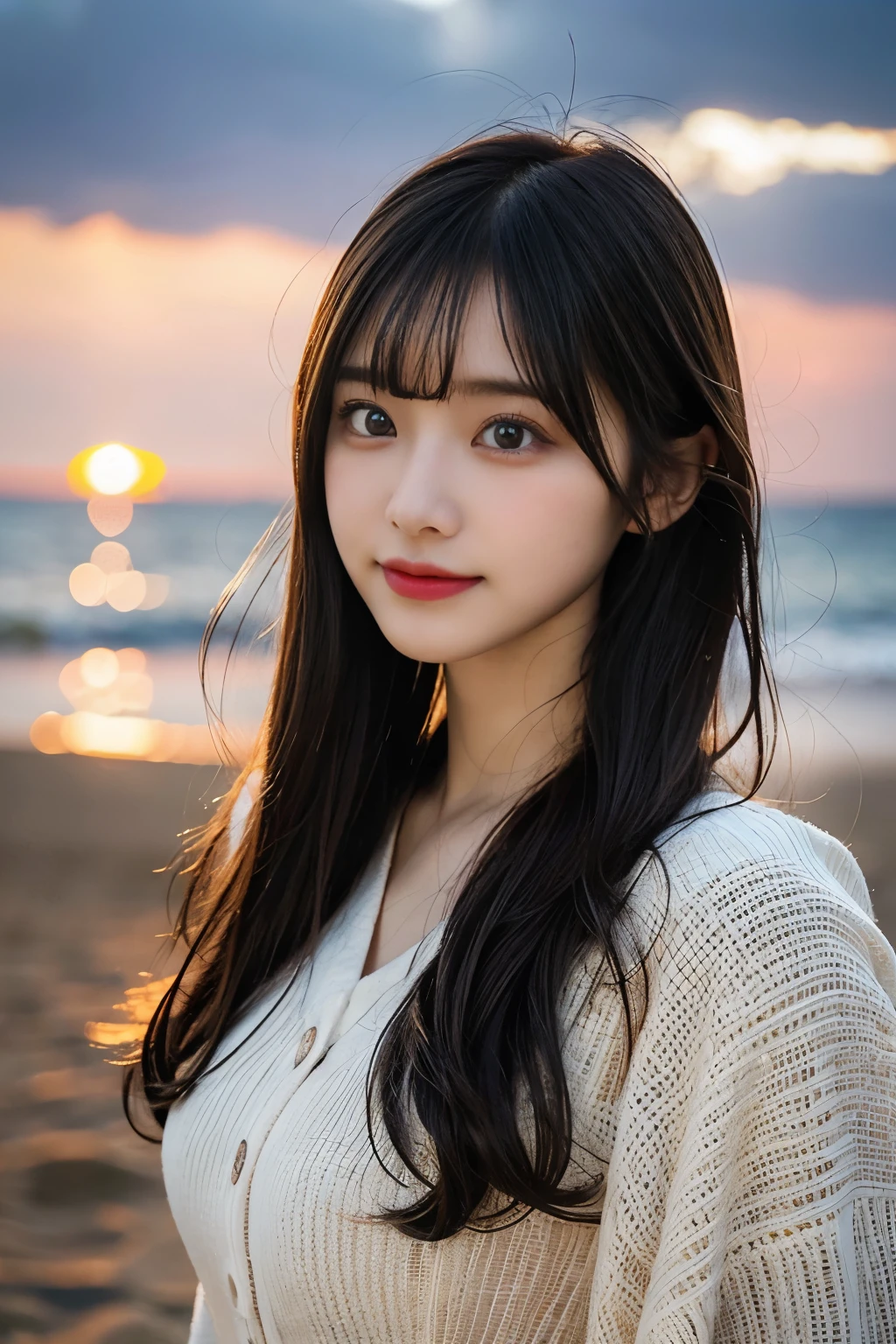 large breasts,thin,cute face,big eyes,drooping eyes,thin eyebrows,thin lips,large eye bags,smiling,naughty expression,medium hair,black hair,eyes,high quality,photorealistic,dslr,masterpiece,highly detailed,japanese,beautiful woman, girl,full body,1girl, solo focus, cowboy shot, black eyes, bangs, masterpiece, best quality, ultra quality, high quality, realistic, photo realistic, RAW photo, hyper detailed, intricate detailed, summer, beach, sunset, wind,