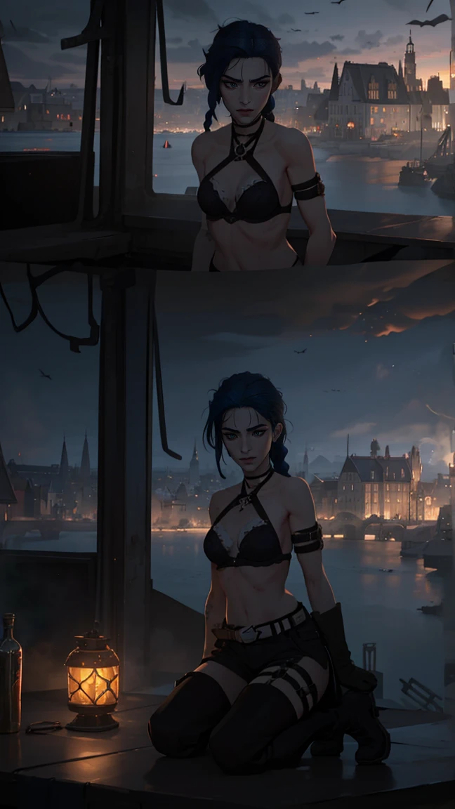 Panoramic view, Roof of the building, city below, Fantasy City, The camera looks at Jinx from above., Like in a computer game, Jinx's character design, Dynamic movements, Standing Half-Sideways, stands on the edge of the roof, Fantasy City, City of Piltover, night, explosions, fire, smoke, Sparks, Purple Flashes, sexy pose, beautiful figure, Arcane Curse, Bright blue and purple Sparks all around, Brilliant eyes, Pink Brilliant eyes, длинные hair, hair, braided in long braids, Pigtails hang below the knee, Hair color changes from bright blue to navy blue., Dressed in brown breeches, leather boots on the feet, Top with four gold circles on the chest in the middle of the chest., Blue cloud tattoo on shoulders and waist., long bangs, hanging on the right side, Belt with cartridges on belt, Secret style, чрезвычайно подробные обои CG Unity 8k, detailed light, Cinematic lighting, Chromatic aberration, sparkling, inexpressive, epic composition, dark in the background, Chereter Design, Very detailed, detailed body, Vibrating, detailed face, sharp focus, anime art, Vibrating, detailed face, Hugh Details, sharp focus, Very downcast face, Detailed eye, Super lovely illustration, best shadow, finely detail, beautiful detailed glow, beautiful detailed, extremely detailed, inexpressive, epic composition,