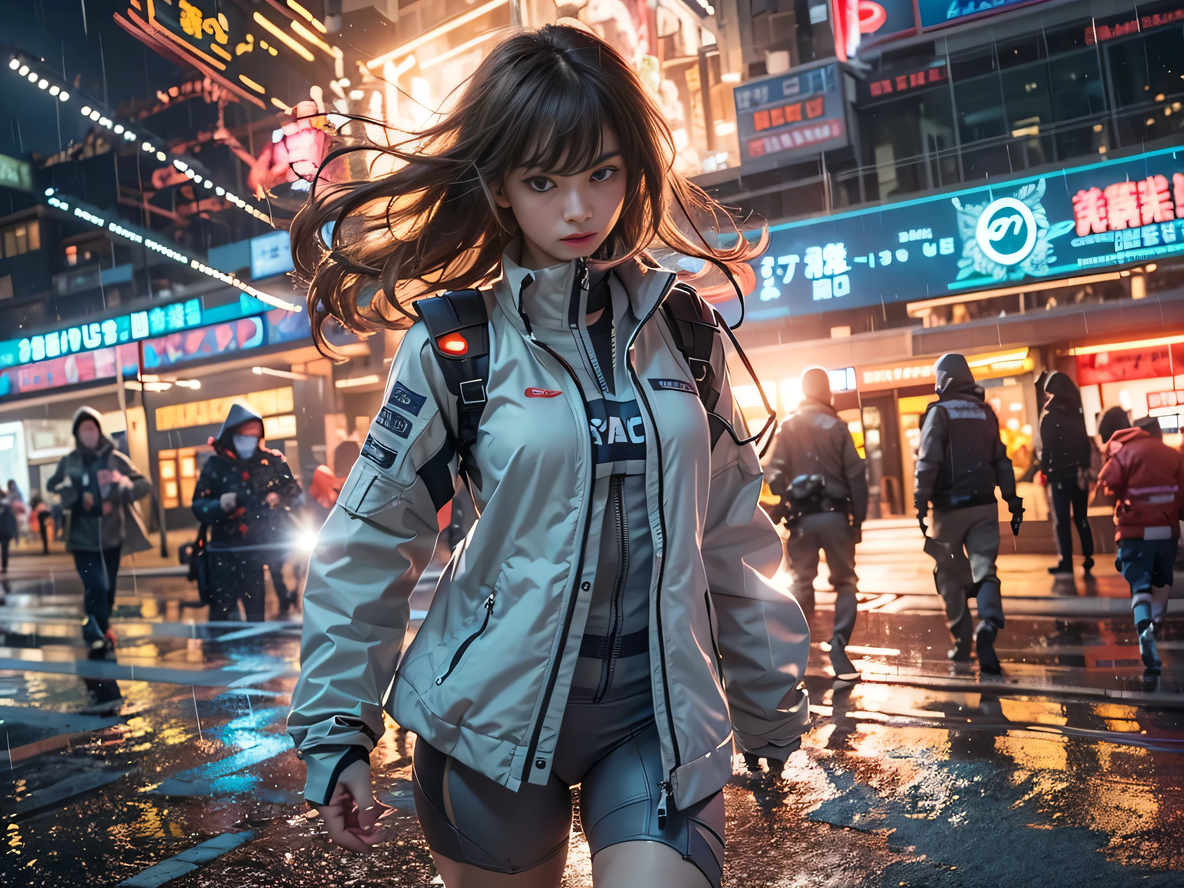 (RAW quality:1.4), Best image quality, Cinema Lighting, Octane Rendering, Ultra Sharp, 1 girl, Japanese, Troubled face, Glowing Skin, Detained fugitives, (Running at full speed:1.4), Brown Hair, Shortcuts, All-white pilot suit:1.3, Cleavage, cyber punk, A night sky filled with countless twinkling stars, Shining Milky Way, heavy rain:1.3, What&#39;s left behind, Laser beam attack, Big Explosion:1.3, Pillar of Fire:1.2, City in flames, flood, Wet Hair:1.5, Wet Skin:1.5, puddle, Fine Eyes, Fine skin, Camel Toe, Intensely detailed image quality, 8mm fisheye lens, Angle looking up from below:1.2, (Full-body photo), Soaking wet, The shutter speed is fast,