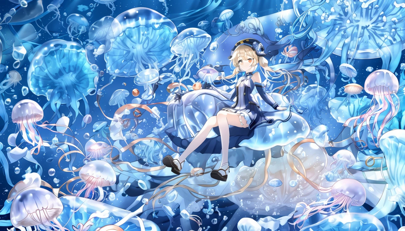 Anime girl sitting on a jellyfish，Surrounded by jellyfish and medusa, Ink art anime loli, Wallpaper Anime Blue Water, Azur route style, Anime fantasy illustration, From the Azur Lane video game, Beautiful fantasy anime, Popular on artstation pixiv, Zerochan art, Azur Lane Characters, Anime Fantasy Artwork, very beautiful anime cat girl