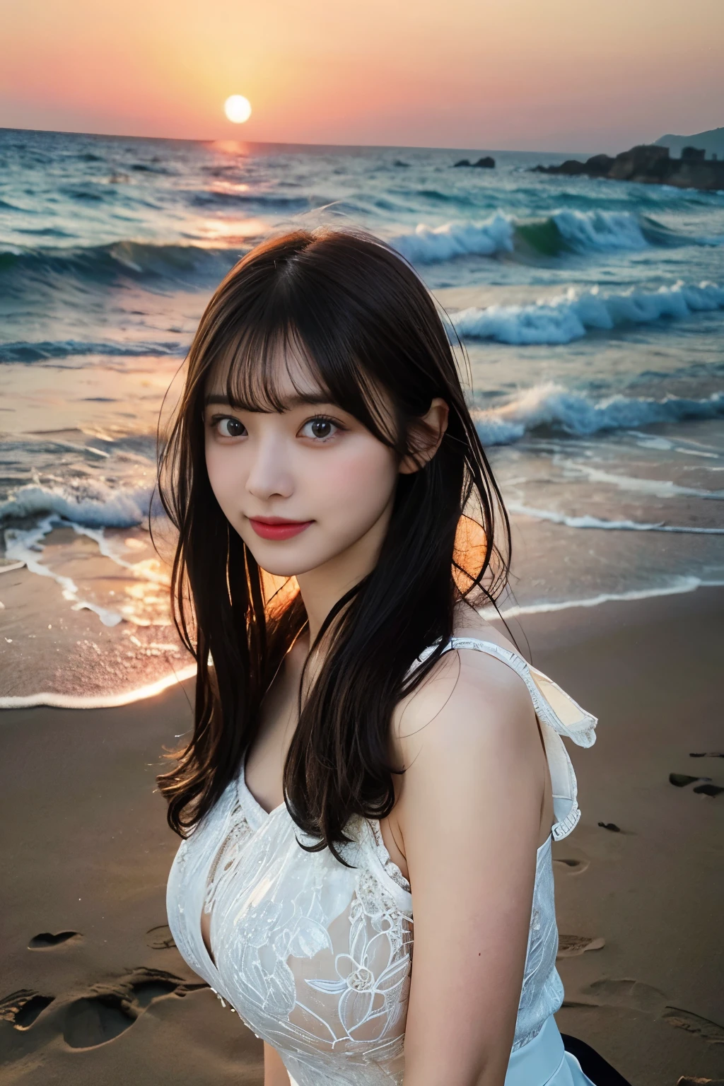 large breasts,thin,cute face,big eyes,drooping eyes,thin eyebrows,thin lips,large eye bags,smiling,naughty expression,medium hair,black hair,eyes,high quality,photorealistic,dslr,masterpiece,highly detailed,japanese,beautiful woman,14 years old girl,full body,1girl, solo focus, cowboy shot, black eyes, bangs, masterpiece, best quality, ultra quality, high quality, realistic, photo realistic, RAW photo, hyper detailed, intricate detailed, summer, beach, sunset, wind,