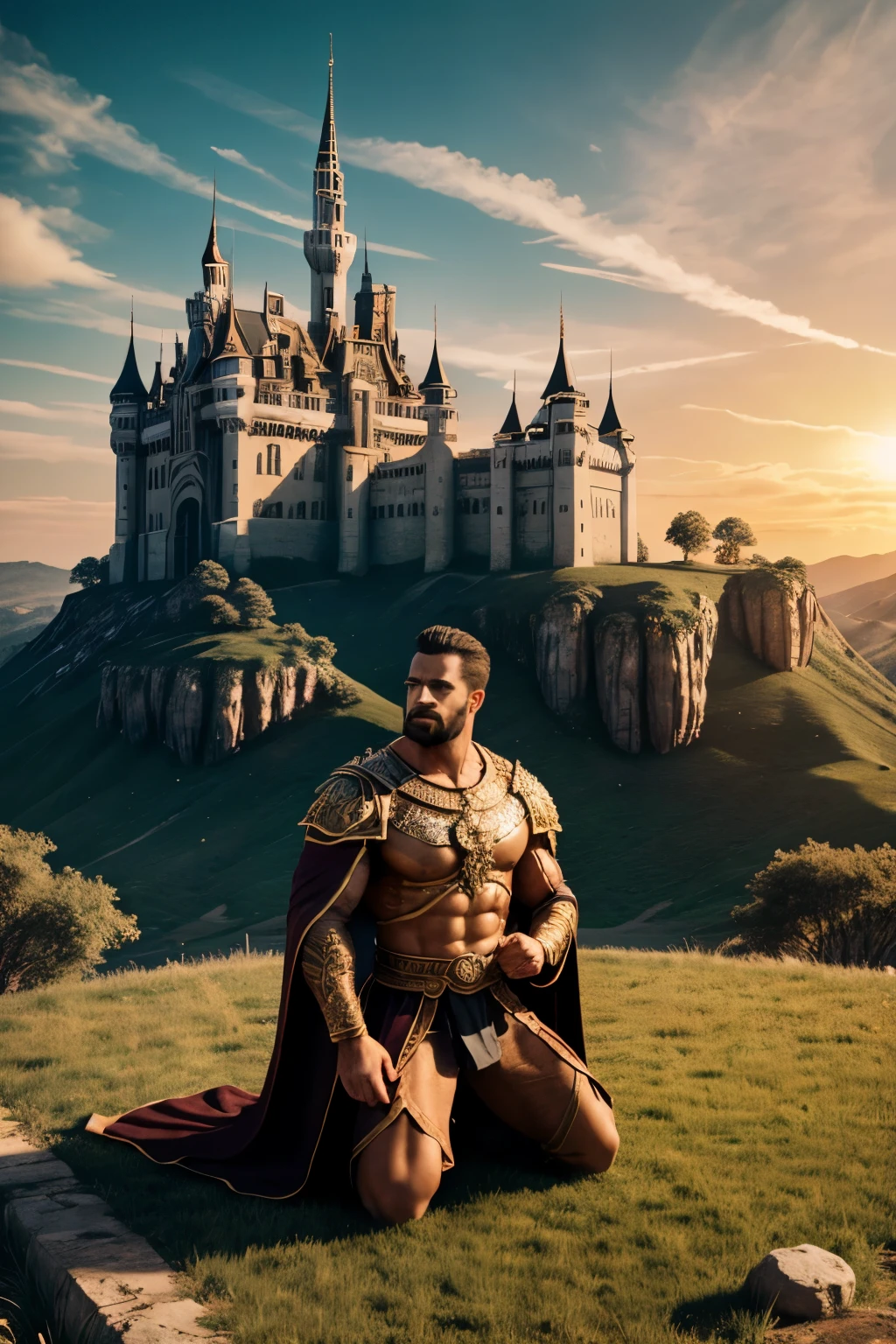 A strong king standing in the middle of his kingdom, detailed muscular figure, regal attire, commanding presence, people kneeling in reverence, intricate castle architecture, rolling hills, sunlit sky, dramatic lighting, cinematic composition, (best quality,4k,8k,highres,masterpiece:1.2),ultra-detailed,(realistic,photorealistic,photo-realistic:1.37),epic fantasy,dramatic lighting,vivid colors