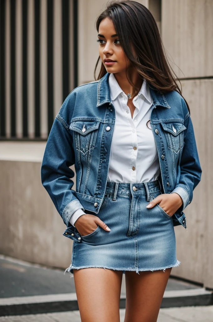 A girl wearing jeans  (denim jacket, white shirt, denim tie, denim short skirt)