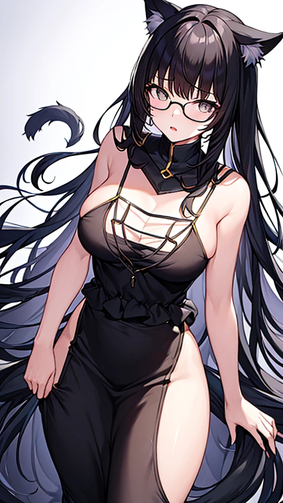 A 20-year-old cat girl with long black hair, gray eyes, cat ears and a cat tail, wears glasses, black long dresses sexy, sleeveless,
