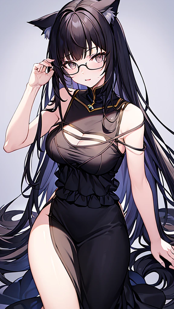 A 20-year-old cat girl with long black hair, gray eyes, cat ears and a cat tail, wears glasses, black long dresses sexy, sleeveless,