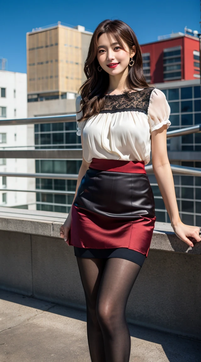 highest quality, masterpiece, 8K, ultra high resolution, (realistic: 1.4), 1 girl, beautiful face, symmetrical eyes, Japanese, smile, brown hair, perfect body proportions, full body, smile , large breasts, high heels, wearing makeup , pantyhose, (tight laced fabric blouse), ((red lace fabric blouse)), ((silk black color skirt)), ((tight fitting skirt )), (laced short sleeve) , rooftop, model pose, (legs shown: 1.4)