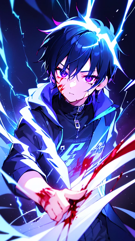 [(BLACK BACKGROUND:1.5),::5], ((((masterpiece)))), high quality, ultra very high resolution, full color, (((solo))), ((little boy)), black hair, ((blue colored inner hair)), ((purple eyes)), anime, ((upper body)), neon light, black parka, (lightning effect:1.2), (Blood effect:1.5)