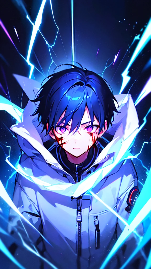 [(BLACK BACKGROUND:1.5),::5], ((((masterpiece)))), high quality, ultra very high resolution, full color, (((solo))), (()), black hair, ((blue colored inner hair)), ((purple eyes)), anime, ((upper body)), neon light, black parka, (lightning effect:1.2), (Blood effect:1.5)