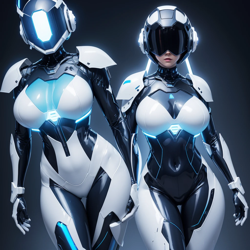 (masterpiece), (best quality), (high res) Solo, (perfect anatomy) Dronificated unknown woman in a fully (enclosed blue latex full body armor) (white LEDs across the suit) (white glowing core in the chest), (enclosed cyber helmet) that cover her whole face and hides her identity with a white screen, huge breast, narrow waist, wide hips and thick thigs, (no face) no face, no hair, no mouth, no eyes, in a lab