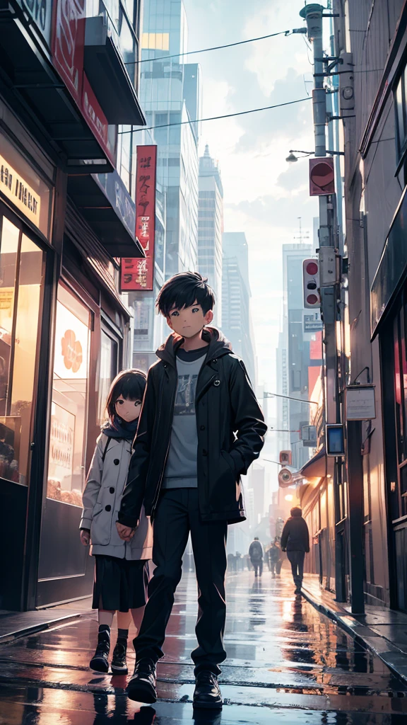 Cloudy weather and city , a boy holding hand with a girl 