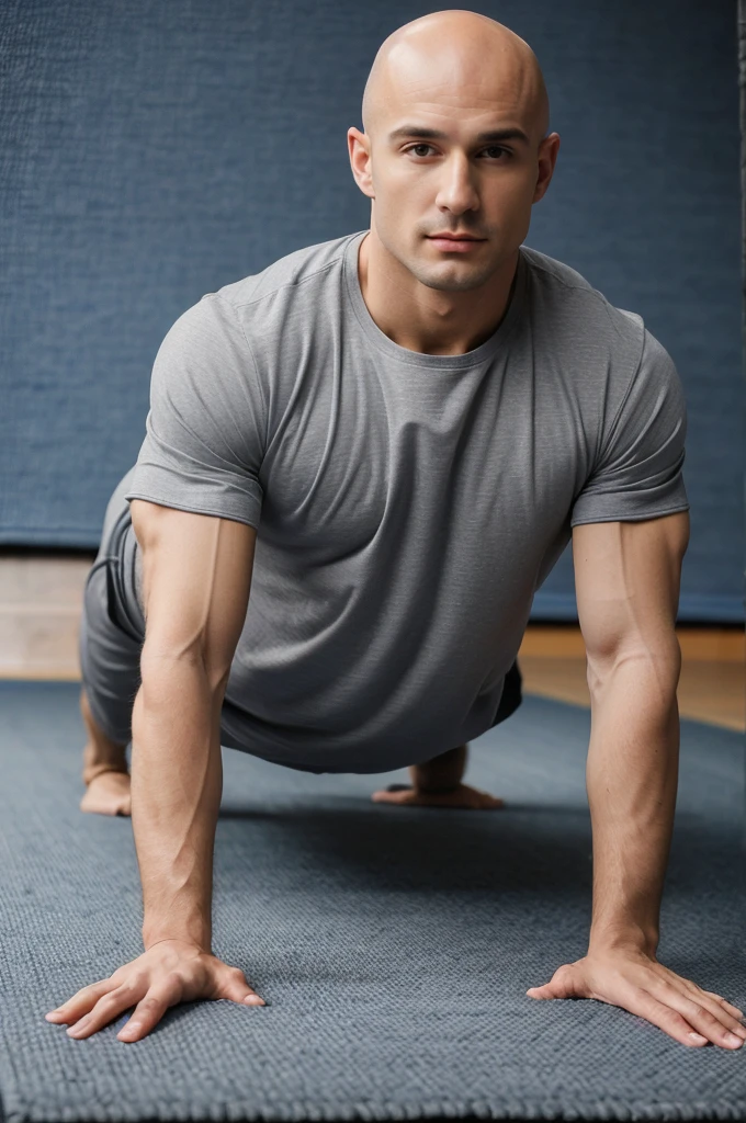 ((8k ((best quality)), ((masterpiece)), (very detailed), real face bald male muscular male full body wear grey shirt doing push ups on blue carpet