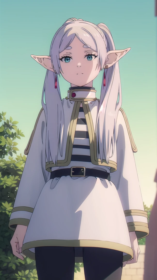 to freeze, to freeze, long hair, ponytail, (green eyes:1.5), White hair, pointed ears, elf, full length (full body 1.1.),
BREAK shirt, long sleeves, jewelry, Tights, earrings, striped, black Tights, lure, striped shirt,
BREAK looking at viewer, upper body, whole body,
BREAK outdoors, sky, nature,
BREAK (masterpiece:1.2), Best quality, A high resolution, unity 8k wallpaper, (illustration:0.8), (beautiful detailed eyes:1.6), very detailed face, perfect lighting, extremely detailed computer graphics, (perfect hands, Ideal Anatomy),