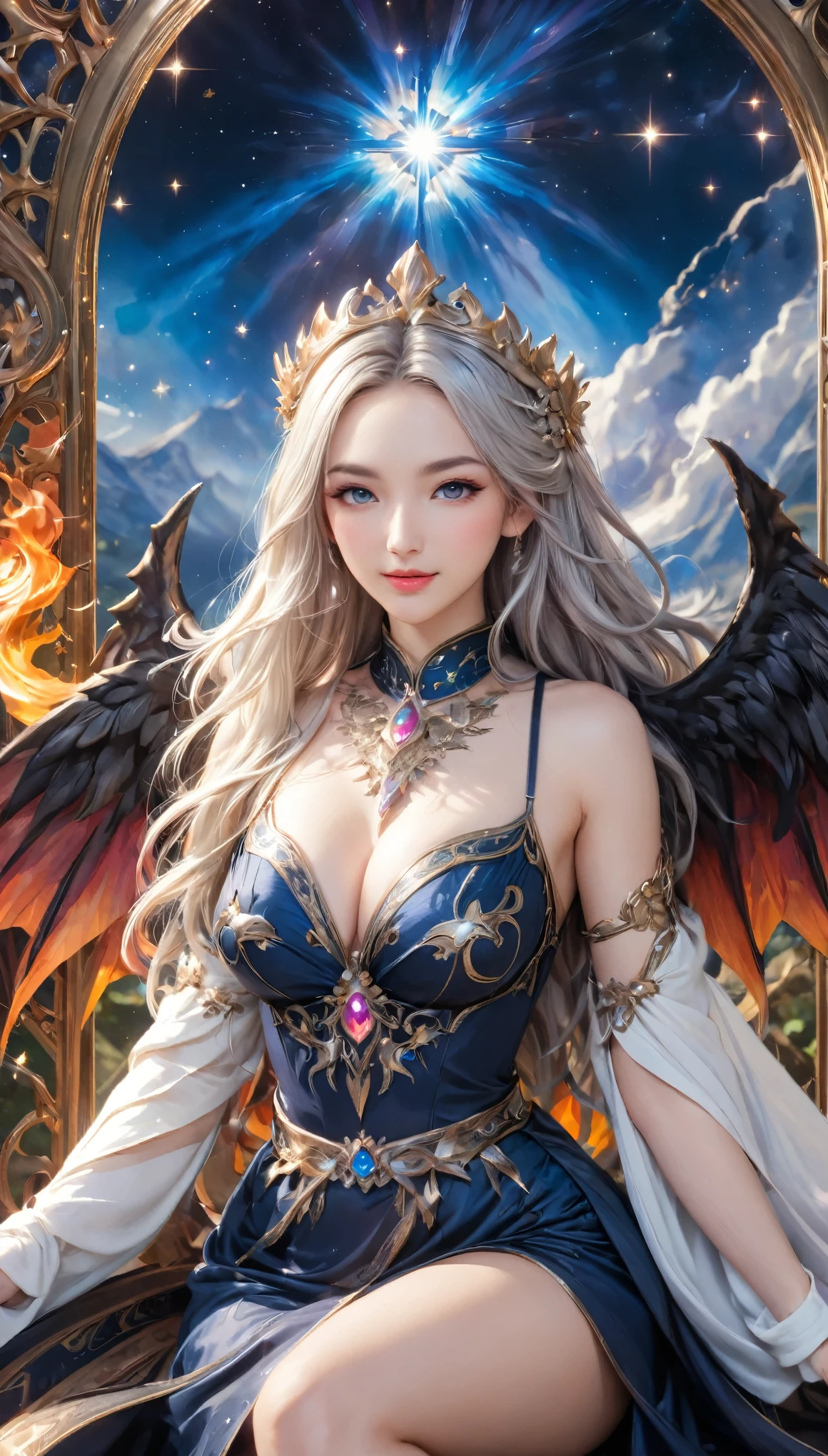 8K resolution, masterpiece, Highest quality, Award-winning works, unrealistic, From above, erotic, sole sexy lady, healthy shaped body, 22 years old, black mage, 165cm tall, huge firm bouncing busts,, white silver long wavy hair, Detailed facial depictions, Break, Mysterious blue eyes, Standard nose, Eyeliner, pink lips, sexy long legs, Clear skin, holy knight, Gothic ruffle long dress, A dress with a complex structure, Seven-colored colorful dress, Clothed in flames, Phoenixの紋章, elegant, Very detailed, Delicate depiction of hair, miniature painting, Digital Painting, artステーション, コンセプトart, Smooth, Sharp focus, shape, artジャム、Greg Rutkowski、Alphonse Mucha、William Adolphe Bouguereau、art：Stephanie Law , Royal Jewel, nature, Symmetric, Greg Rutkowski, Charlie Bowwater, Unreal, Surreal, Dynamic Lighting, ファンタジーart, Complex colors, Colorful magic circle, flash, dynamic sexy poses, A kind smile, Mysterious Background, Aura, A gentle gaze, BREAK, Small faint lights and flying fireflies, night, lanthanum, 山の頂From above下界を見下ろす, Starry Sky, milky way, nebula, shooting star, God in the right hand々A sacred staff that emits a brilliant light, Back view, Looking back towards the camera, Phoenix