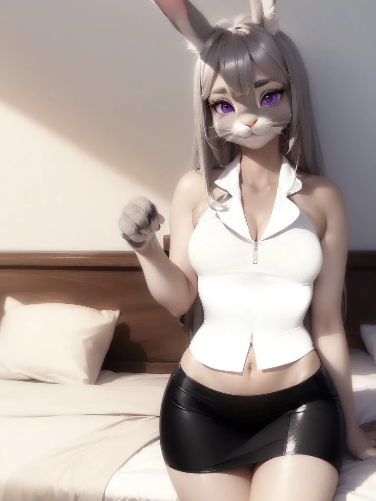 best quality,
masterpiece,
hyper Realistic,
ultra-detailed,
beautiful detailed,
4K，8K，High level,
PIXAR,
Photo real,
medium shot,
background in bed room,
Realistic lighting,

((anthropomorphic rabbit)),
detailed animals,
Complex patterns,
(furry:1.35),
(Whole skin is gray:1.35),
(body is fluffy and bushy:1.35),
Realistic fur,

((human hands)),

(Face is JudyHopps:1.35),
((medium straight hair)),
dark brown heir,
((sidepart bangs)), bangs,
purple eyes,
{highlight on eyes, crisp eyes, sparkle in the eyes, round big pupils},
detailed iris, 
(rised eyebrows:1.2),
(Crescent Brows:1.3),
(rabbit ears:1.1),
Smile,
Big Smile,
Innocent smile,
raised corners of mouth,

the lady is wearing ((ワイシャツ)), and ((office skirt)),
(((White ワイシャツ))) BREAK ((Black tight skirt)), ((ワイシャツ, シャツ)),

(solo:1.5),
(1 lady:1.5),
one character only
alone,
Perfect Anatomy,

lighting behind,
lighting back,
((lamplight)),
cinematic lighting, 
intricate details, 
ray tracing, 
photorealistic, 
