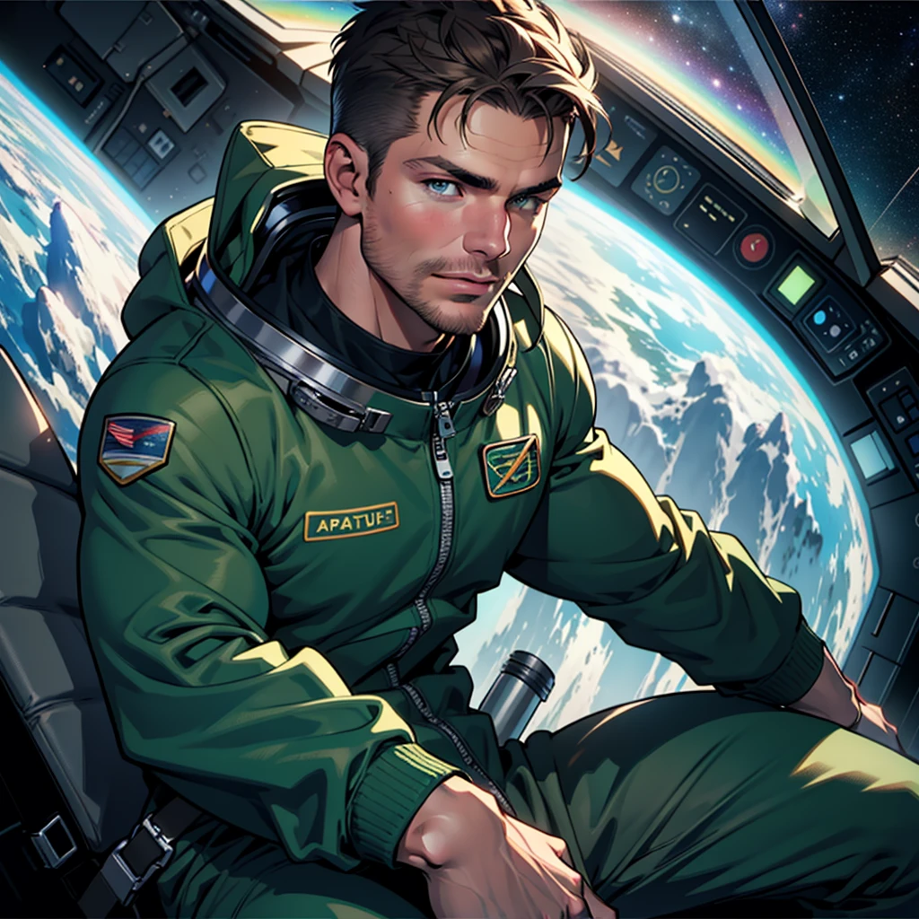 32k,masterpiece, best quality, detailed face, natural eyes,1man, solo man, muscled and maturehen amell as an astronaut wearing space suit, dark green suit, showing muscles and bulge ,floating in the space inside a space shuttle , with "arrow" text and logo on his suit , full body, intricate Detailed background
