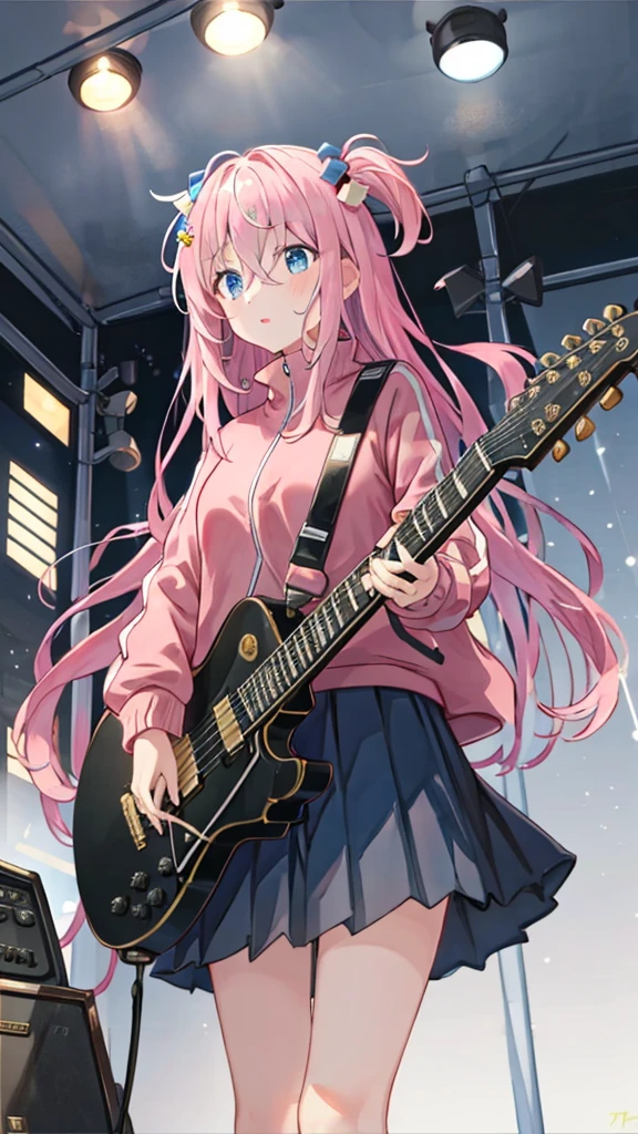 {{{masterpiece}}}, {{{best quality}}}, {{ultra-detailed}}, {illustration}, {{an extremely delicate and beautiful}}, 8k, nsfw, gotou1, gotou hitori(bocchi the rock), solo, long hair, pink hair, bangs, hair between eyes, cube hair ornament, one side up, hair ornament, blue eyes, big eyes, pink jacket, track jacket, long sleeves, black skirt, pleated skirt, medium breasts, BREAK, live stage, on stage, performance, holding instrument, electric guitar(YAMAHA PACIFICA 611), black guitar, black guitar strap, backlights, illumination