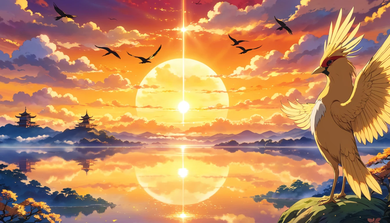 A golden-colored bird named Bird,with intricacies、sparkling golden feathers,Reflect sunlight,make it look radiant、Majesty。Bird apparently has three legs,Natural location。Sky mixed with warm orange、red and yellow,Symbolizes sunrise or sunset。The background includes faint、Ethereal glow around stylized clouds and crows,Emphasizing its mythical and sacred nature。The overall scene should be dynamic and energetic,Capture the essence of anime aesthetics。