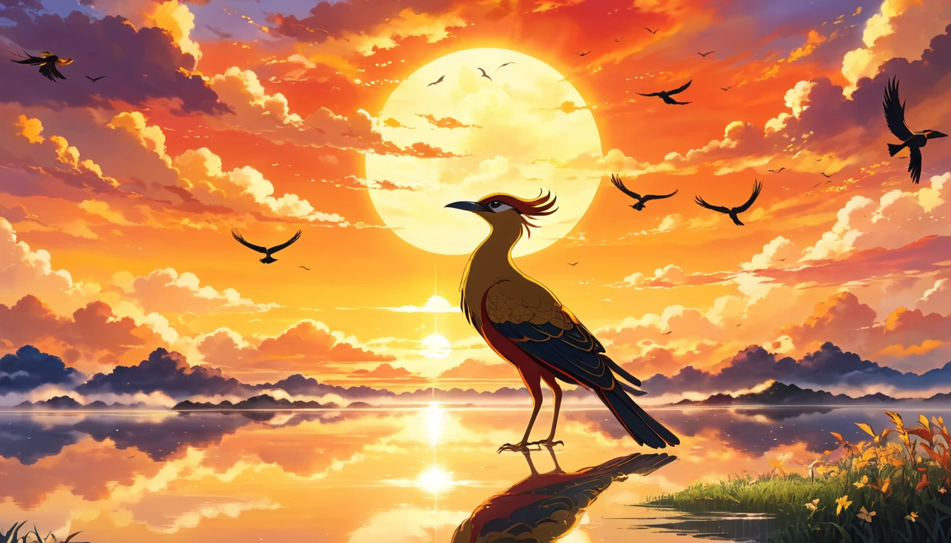 A golden-colored bird named Bird,with intricacies、sparkling golden feathers,Reflect sunlight,make it look radiant、Majesty。Bird apparently has three legs,Natural location。Sky mixed with warm orange、red and yellow,Symbolizes sunrise or sunset。The background includes faint、Ethereal glow around stylized clouds and crows,Emphasizing its mythical and sacred nature。The overall scene should be dynamic and energetic,Capture the essence of anime aesthetics。