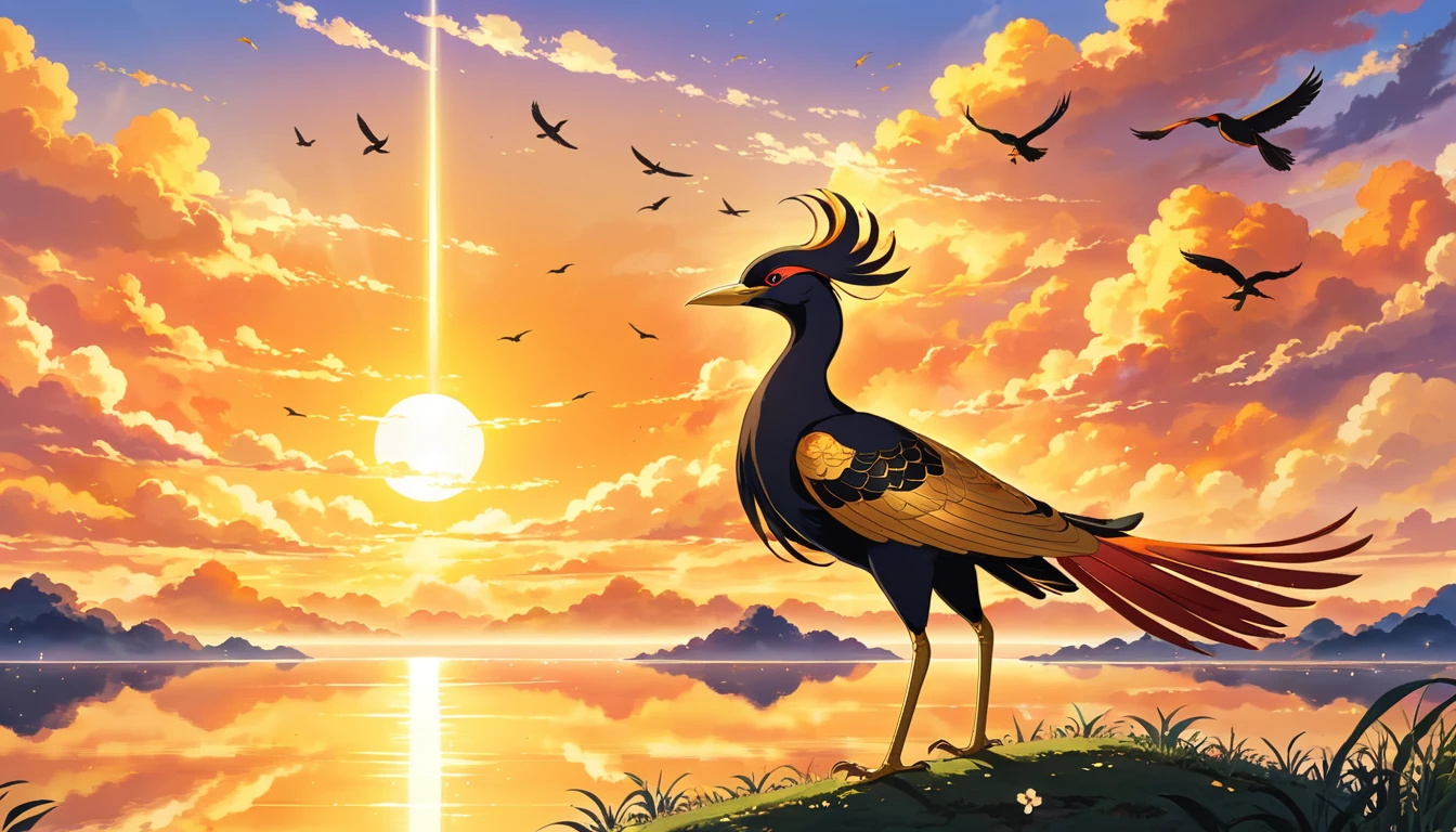 A golden-colored bird named Bird,with intricacies、sparkling golden feathers，Reflect sunlight，make it look radiant、Majesty。Bird apparently has three legs，Natural location。Sky mixed with warm orange、red and yellow，Symbolizes sunrise or sunset。The background includes faint、Ethereal glow around stylized clouds and crows，Emphasizing its mythical and sacred nature。The overall scene should be dynamic and energetic，Capture the essence of anime aesthetics。