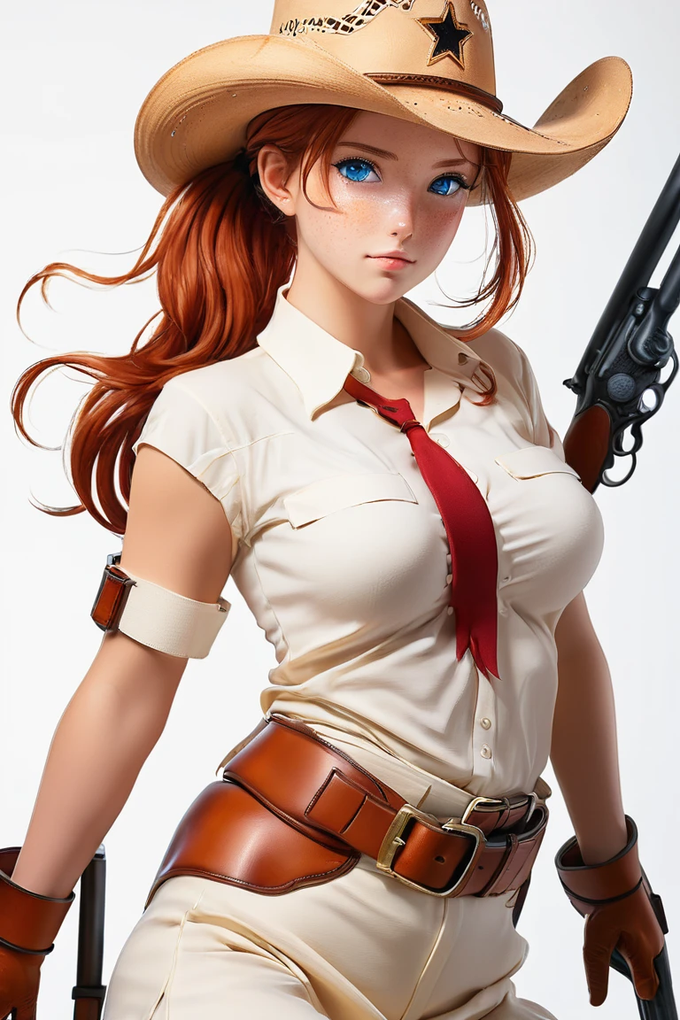(((NSFW:1.6))),(((Nude:1.6))),score_9, score_8_superior, score_7_superior, とてもbeautiful, sauce_anime, detailed, high quality, beautiful, masterpiece, detailed eyes,((White monochrome background)),((Alluring face:1.2)) Hat Adjustment,Redhead, ponytail, blue eyes, freckles, Side Lock,Watch on wrist,(((brown gun belt:1.5))),Cowboy hat, Cowboy boots, PDXL ,((Full Body Shot:1.8)),((Drunk:1.5))