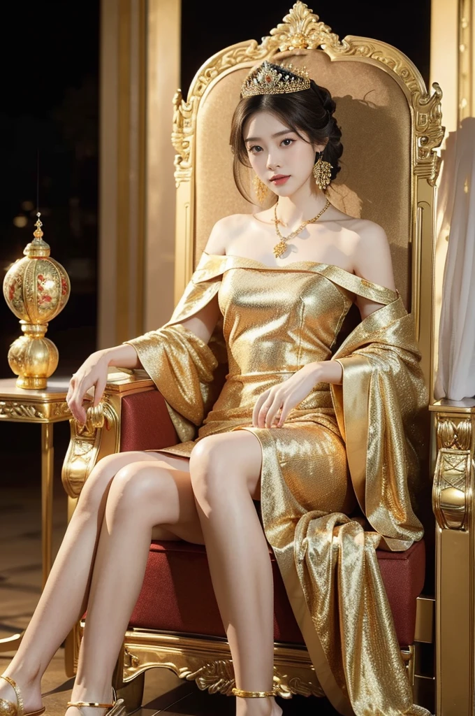 (((best quality))),(((ultra detailed))),(((masterpiece))),illustration,1 girl,solo,slim,thin,shoulder length straight bob hair,earrings,necklace,small breasts,flat chest,slender legs,high heels,Asian appearance,princess,royal,Chinese palace,night scene,magnificent dragon gown,golden crown,intricate embroidery,luxurious fabric,precious stones,(sitting on the metallic throne:1.3),decorative patterns,rich decorations,luxurious furnishings,regal charm,beautiful face,gentle smile,bright eyes,historical,traditional,city lights,modernity,frozen moment,beauty of the past,evolution of time,from front,full body,Hands on both sides