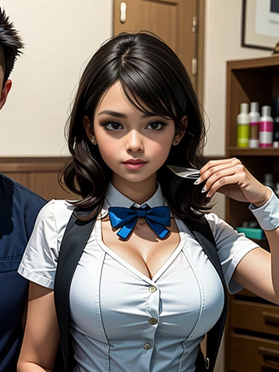 The photo shows a busty woman and an elementary school boy at the barber's、A boy sits in a barber's chair at the barber's、(A woman is wearing a barber's uniform and cutting a boy's hair)、Barber woman's gentle smile、Boy looking at woman's breasts、Fine facial features、Beautiful Eyes、Long eyelashes、(Anatomically correct fingers:1.6)、high quality、Real、Photorealistic、8K、masterpiece、Cinematic lighting、Bright colors、Very detailed、Intricate details、Dramatic composition、emotional expression、Beautiful rendering、extraordinary artistry, wtrcolor style, photorealistic