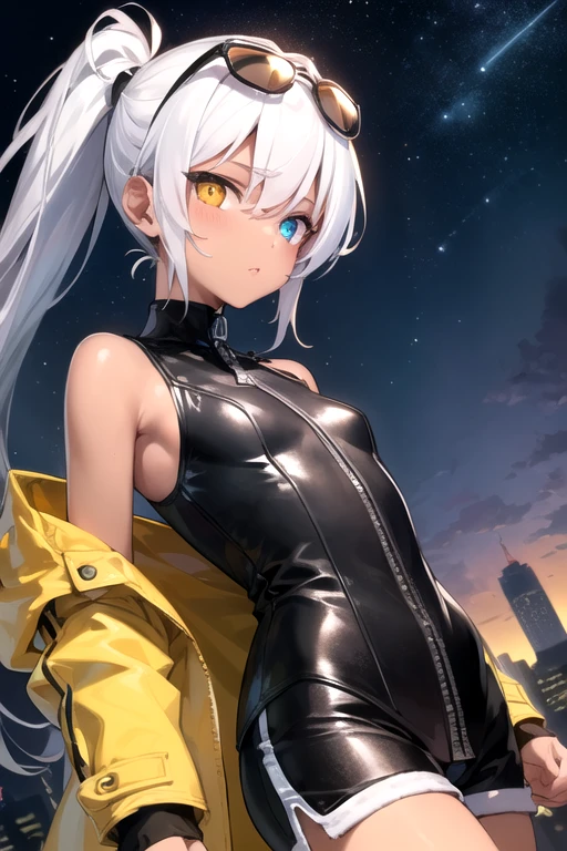 (masterpiece,Perfect Anatomy,highest quality,Super detailed,High resolution.8K,Highly detailed CG,),Detailed face,Highly detailed five fingers,Perfect hands,perfect arm,Rule of Thirds,BREAK,One Girl,(Heterochromia of the iris: Right eye is blue、Left eye is red),(Dark Skin:1.3),(Very long white SidePonytail hair),((yellowlens sunglasses),on the top on head),small breasts,Slender body,(low length),slant eyes,small eyes,,serious,Look to the right hand,BREAK,long sleeve black Compression Shirt,BREAK,((zip down Shoulder Drop yellow Oversized down coat)),BREAK,white shorts,BREAK,high cut black boots,BREAK,contrasted,(((Hold the phone in your right hand),(Place your right hand on your ear))),BREAK,outdoor,Late Night,derk night,night sky,starry sky,Dim lighting,from front,high angle,upper body,Dutch Angle