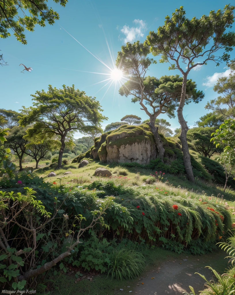 tree, plant, lush green leaves, lively flower, towering tree, jungle, Sunlight filtering through the leaves, blossom, Multicolored petals, Birds chirping, Gentle breeze, rustling leaves, shades of green, Moss-covered rocks, ferns and moss, Wildflowers, Clean air, stillness, natural habitat