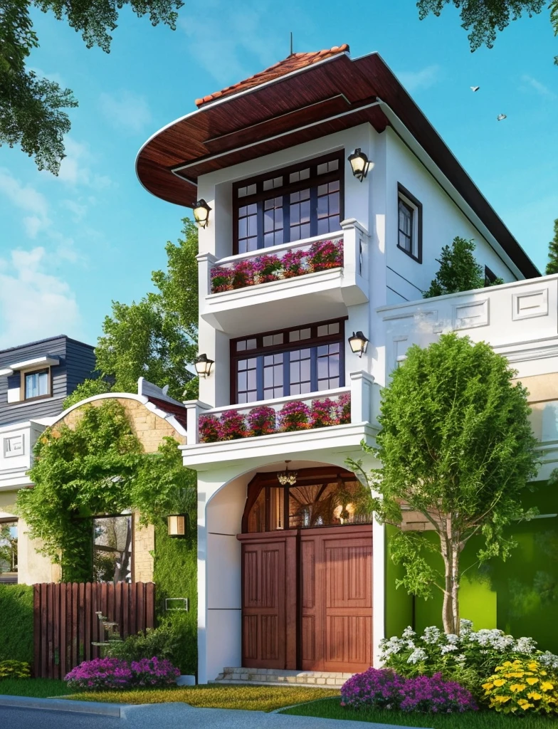 (Neoclassic  house ,close houses and trees), (Neoclassic  style architecture) daylight ( best quality) ((high solution)) ,(( photo realistic)) ,warm light,  soft lighting, warm atmosphere,high Resolution, hyper detailed,4k ,vray render, octane render, hyper realistic, photography expert ,exterior design , professional photography, exterior photography,wide-angle shot , ultra detail , high Resolution , full frame, full body