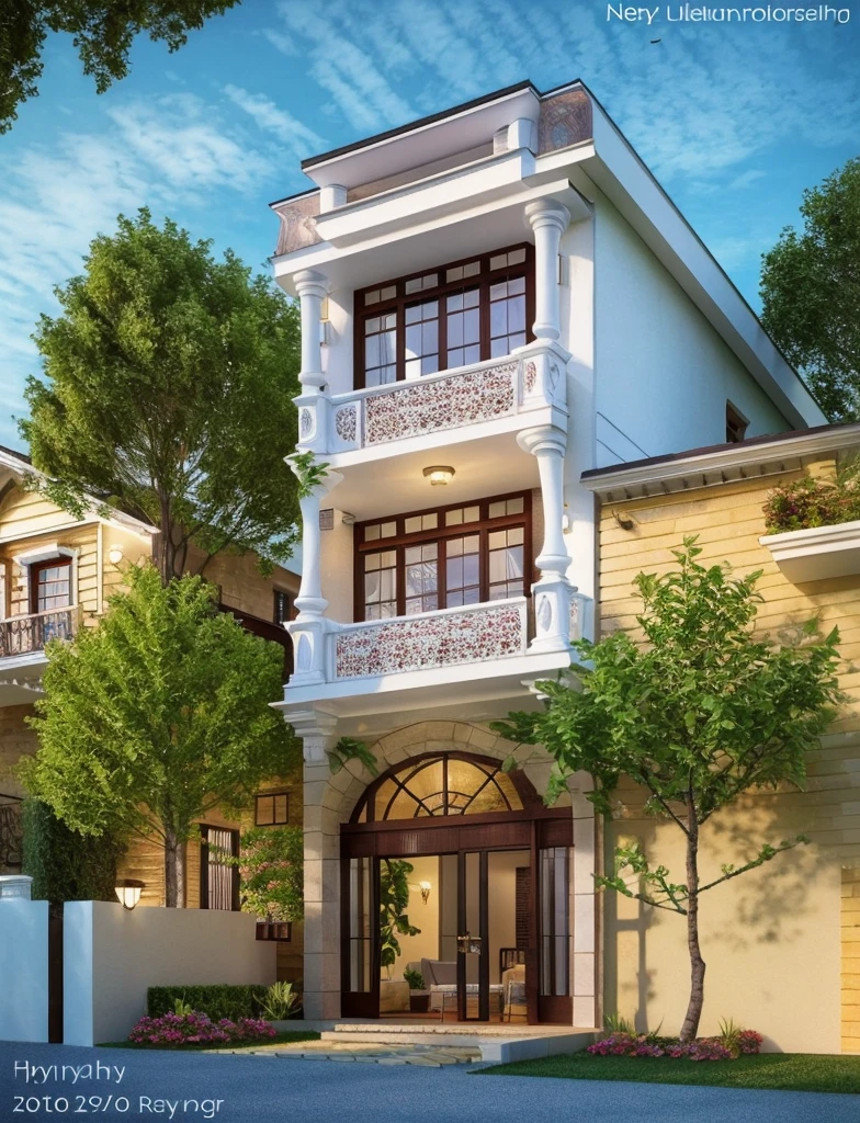 (Neoclassic  house ,close houses and trees), (Neoclassic  style architecture) daylight ( best quality) ((high solution)) ,(( photo realistic)) ,warm light,  soft lighting, warm atmosphere,high Resolution, hyper detailed,4k ,vray render, octane render, hyper realistic, photography expert ,exterior design , professional photography, exterior photography,wide-angle shot , ultra detail , high Resolution , full frame, full body