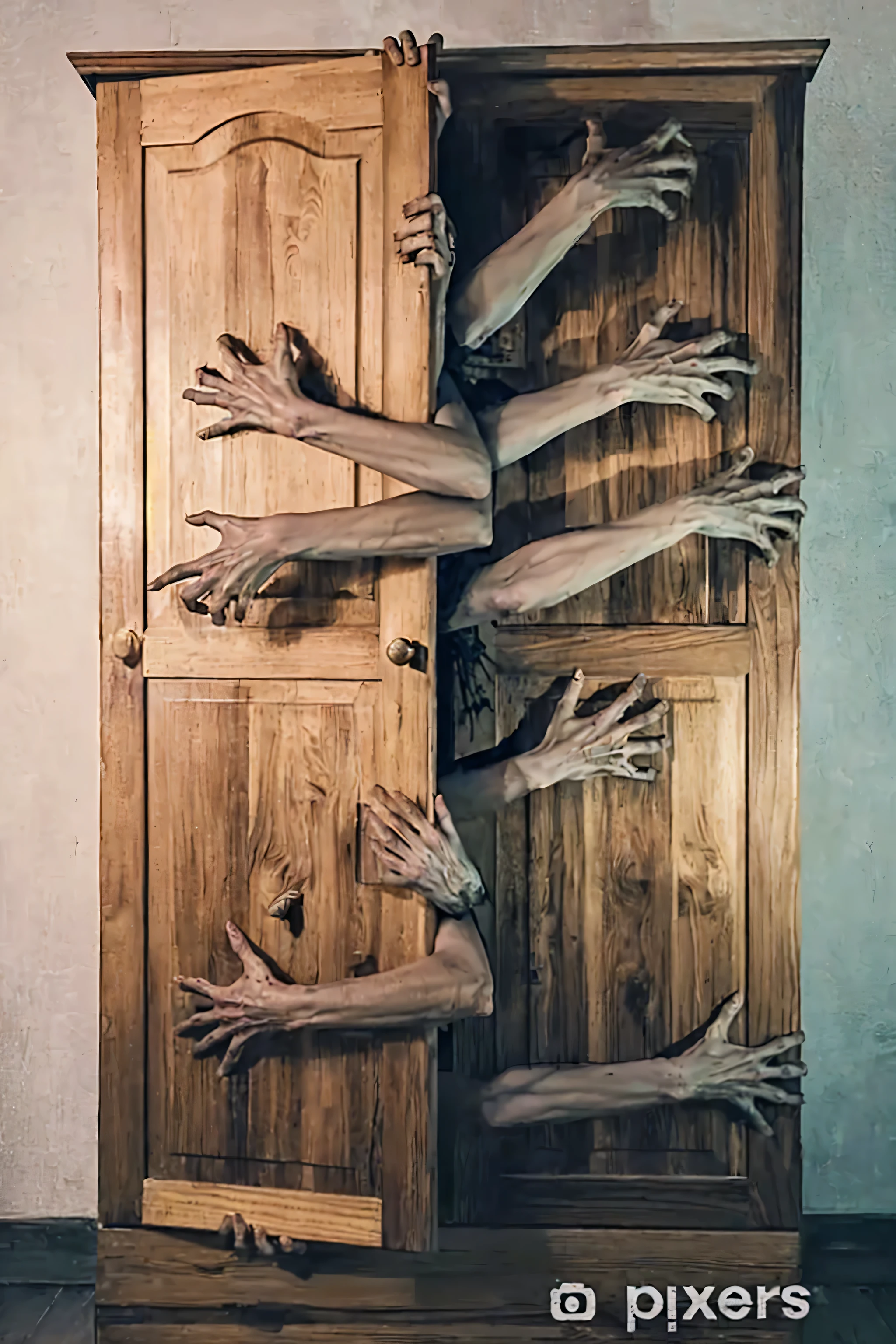 a group of hands coming out of a wooden door, Zombie arms in front, too many hands in all directions, too many hands, horror surreal art, closed hands, spiritual eerie creepy picture, amputated limbs, creepy and unsettling, powder Gabor Szikszai, Lt. Aleksander Kobzdej, strange and disturbing, creepy!!, many arms