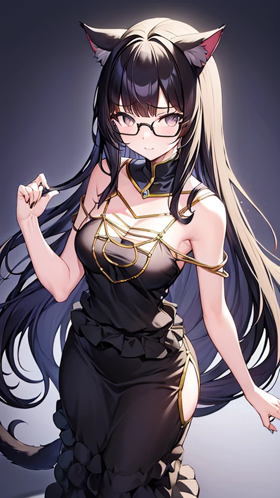 A 20-year-old cat girl with long black hair, gray eyes, cat ears and a cat tail, wears glasses, black  long dresses sexy, sleeveless,