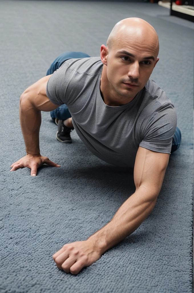 ((8k ((best quality)), ((masterpiece)), (very detailed), real face bald male muscular male full body wear grey shirt doing push ups on blue carpet