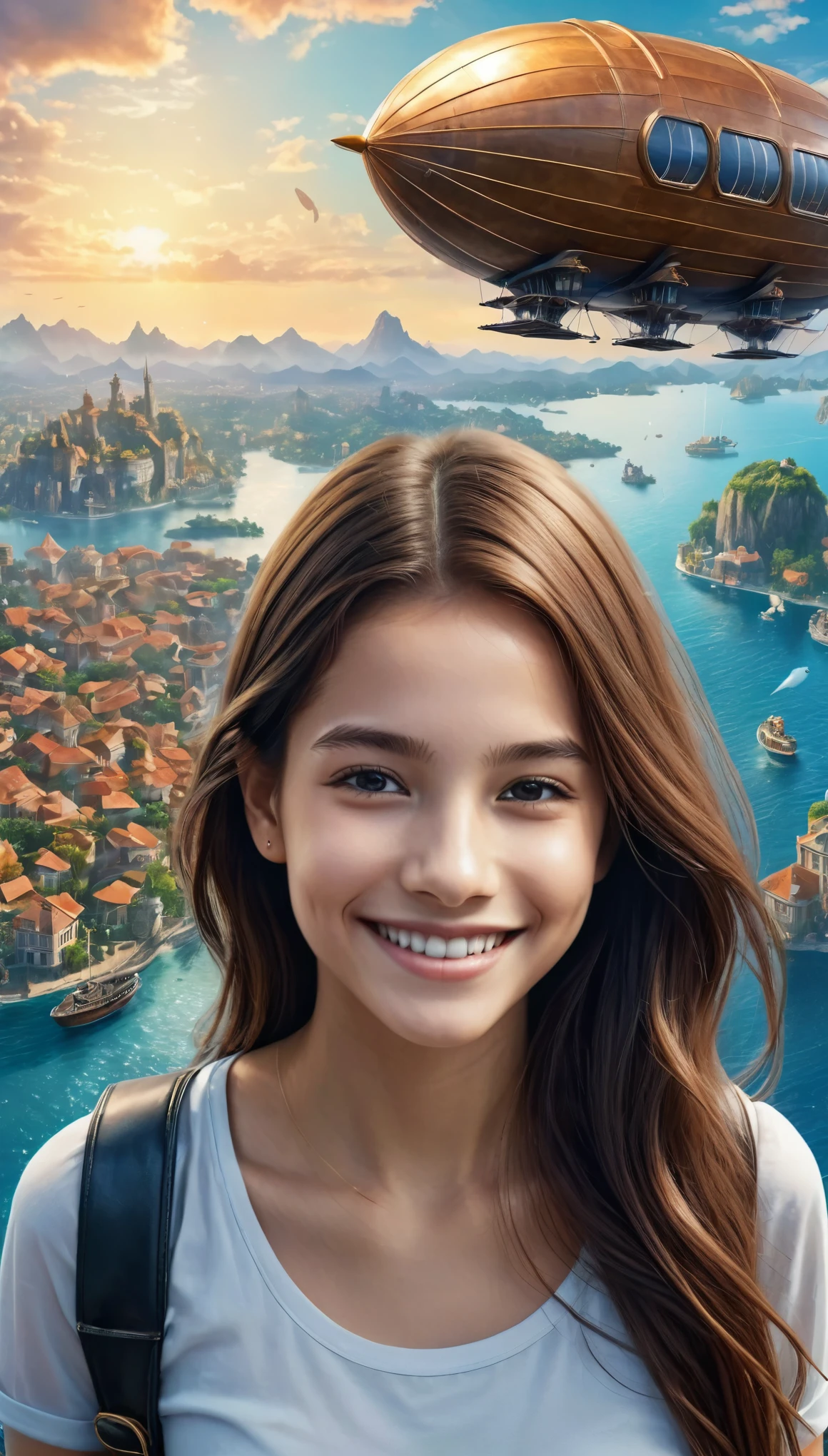Many islands are floating in the air, A small airship is flying around, City, Fantasy, Extreme Detail, Realistic Light, A magnificent composition, (Intricate details), (Intricate Design, Super detailed :1.2), Art Station, (masterpiece, Highest quality), Ultra HD, 32K (Close-up portrait of 16yo beautiful girl is smiling at viewers:1.1)