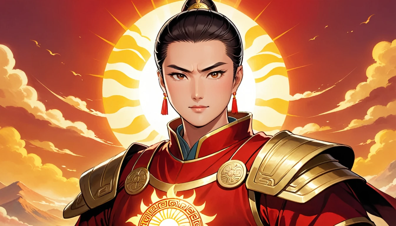 A middle-aged Chinese man named Sun,Burly figure,Long face，Strong and majestic,short hair，Money，Glowing like sunshine,Thick eyebrows，With a sense of majesty,Short whiskers，Appears clean and neat,Healthy bronze,Wearing a red armor，Symbol with sun，腰间配有一把Money色长剑