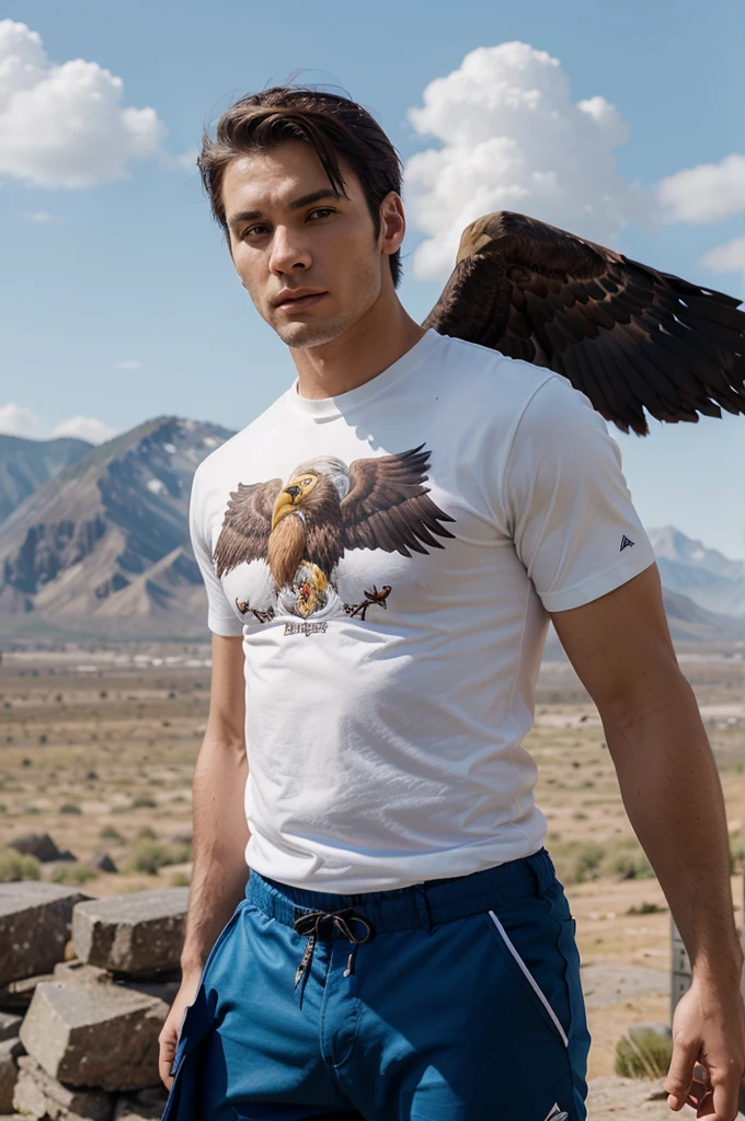 A medium shot fashion portrait of a handsome man and a eagle hybrid. head of a eagle, his eyes are a eagle, his ears are a eagle, his face is a hybrid of handsome man and eagle, The details are extremely hybrid. Wearing a sport t-shirt, extreme muscular, look at the camera, fullbody view, fly with the wings, stones mountain with blue sky background. In the style of minimalist surrealism —ar 4:5 —style raw —stylize 500