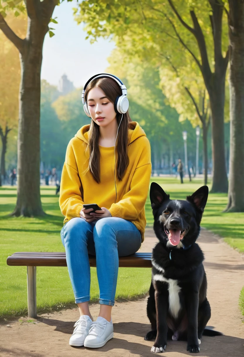 Young girl with headphones, in a big park with a dog, high quality, Realism