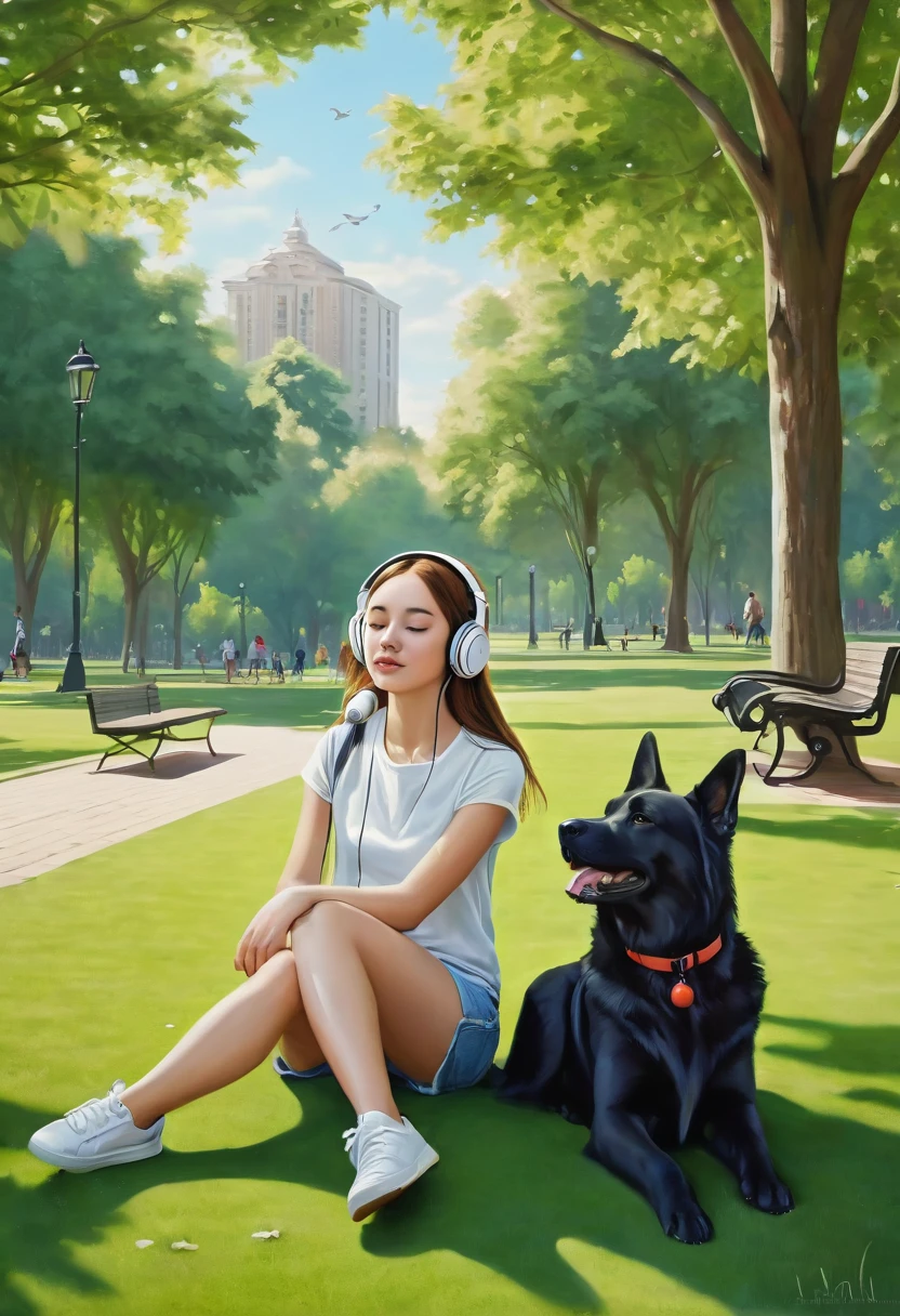 Young girl with headphones, in a big park with a dog, high quality, Realism