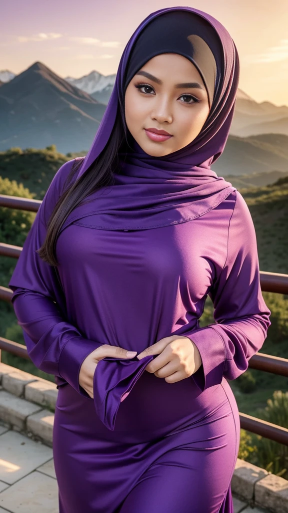 Close up),RAW, Best quality, high resolution, masterpiece: 1.3), Beautiful Malay woman in hijab,Karya, fit body,sthick thighs,big beautiful eyes, Soft smile, beautiful face,close up of a woman wearing a purple dress and a hijab, hijab, wearing beautiful clothes, lovely woman, purple tunic, beautiful design, cute beautiful, purple outfit, with lovely look, beautiful female, purple color, purple top, beautiful malay woman, very beautiful girl, with beautiful colors, very beautiful girl, cute woman, purple skin color, with a view of mountains, full body picture, , with sunset, moutain in background Great lighting, Bright colors, Clean lines