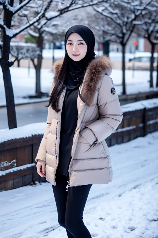 Best quality, 4K, 8K, Detailed faces,fully body photo, Clear face, Japanese muslim girl, 21 years old girl, Perfect body figure, Long slim legs, Pasmina hijab, Long down jacket with hood, Fur trim jacket, White jacket, Snowy Tokyo background