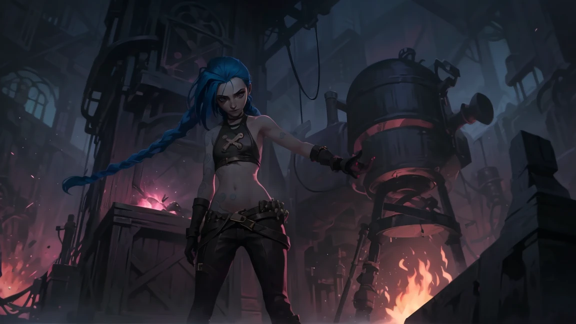 very sexy, crazy look, длинные синие hair заплетены в косы, full length (full body 1.1.), tight leather pants, Jinx's character design, stands on the edge of the roof, fantasy city, night, explosions, fire, Sparks, Purple Flashes, beautiful figure, Arcane Curse, Bright blue and purple Sparks all around, burning eyes, Pink Shiny eyes, длинные hair, hair, braided in long braids, Pigtails hang below the knee, Hair color changes from bright blue to navy blue., leather boots on the feet, Top with four gold circles on the chest in the middle of the chest., Blue cloud tattoo on shoulders and waist., long bangs, hanging on the right side, чрезвычайно подробные обои CG Unity 8k, detailed light, Cinematic lighting, Chromatic aberration, sparkling, inexpressive, epic composition, dark in the background, Chereter Design, very detailed, detailed body, Vibrating, detailed face, sharp focus, anime art, Vibrating, detailed face, Hugh Details, sharp focus, Detailed eye, Super lovely illustration, best shadow, finely detail, beautiful detailed glow, beautiful detailed, extremely detailed, inexpressive, epic composition,