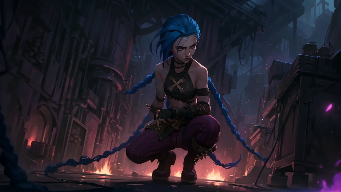 very sexy, crazy look, длинные синие hair заплетены в косы, full length (full body 1.1.), tight leather pants, Jinx's character design, stands on the edge of the roof, fantasy city, night, explosions, fire, Sparks, Purple Flashes, beautiful figure, Arcane Curse, Bright blue and purple Sparks all around, burning eyes, Pink Shiny eyes, длинные hair, hair, braided in long braids, Pigtails hang below the knee, Hair color changes from bright blue to navy blue., leather boots on the feet, Top with four gold circles on the chest in the middle of the chest., Blue cloud tattoo on shoulders and waist., long bangs, hanging on the right side, чрезвычайно подробные обои CG Unity 8k, detailed light, Cinematic lighting, Chromatic aberration, sparkling, inexpressive, epic composition, dark in the background, Chereter Design, very detailed, detailed body, Vibrating, detailed face, sharp focus, anime art, Vibrating, detailed face, Hugh Details, sharp focus, Detailed eye, Super lovely illustration, best shadow, finely detail, beautiful detailed glow, beautiful detailed, extremely detailed, inexpressive, epic composition,