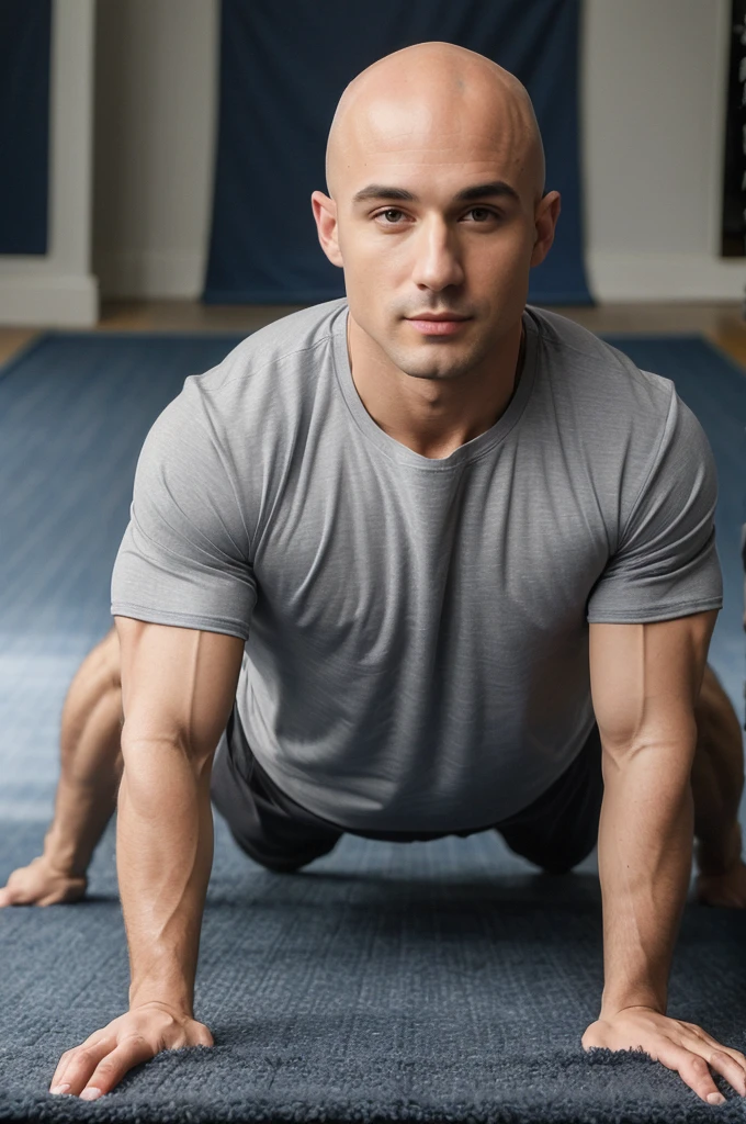 ((8k ((best quality)), ((masterpiece)), (very detailed), real face bald male muscular male full body wear grey shirt doing push ups on blue carpet