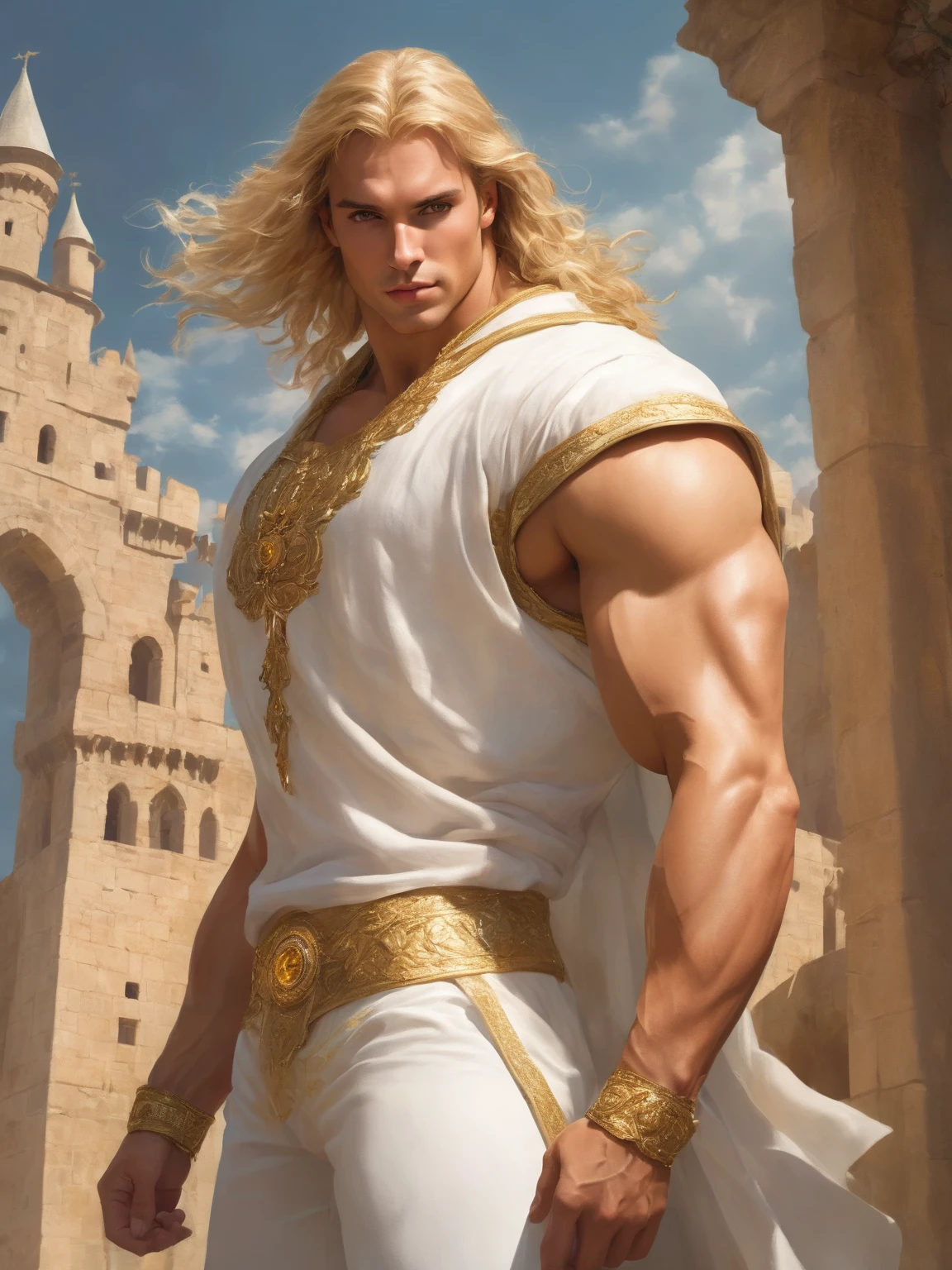 ((best quality),(masterpiece),(detailed),a muscular man with golden hair and yellow eyes, dressed in white clothes, castle behind,beautiful,(cinematic),(dramatic lighting),(digital painting),(photorealistic),(ultra-realistic),(hyper detailed),(epic),(fantasy),(cinematic composition),(heroic pose),(dramatic), (perfect eyes)