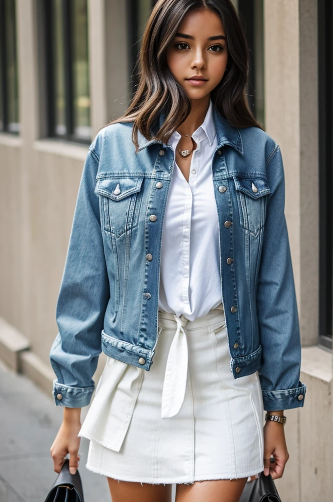 A girl wearing jeans (denim jacket, white shirt, denim tie, short denim skirt)